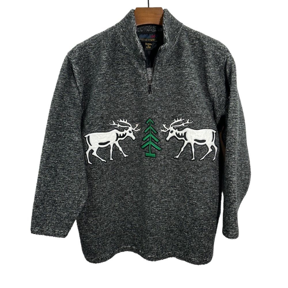 ACTIVE ELEMENTS Vintage‎ 1/4 Zip Gray Sweater Skelton Reindeer Ski Pockets XL